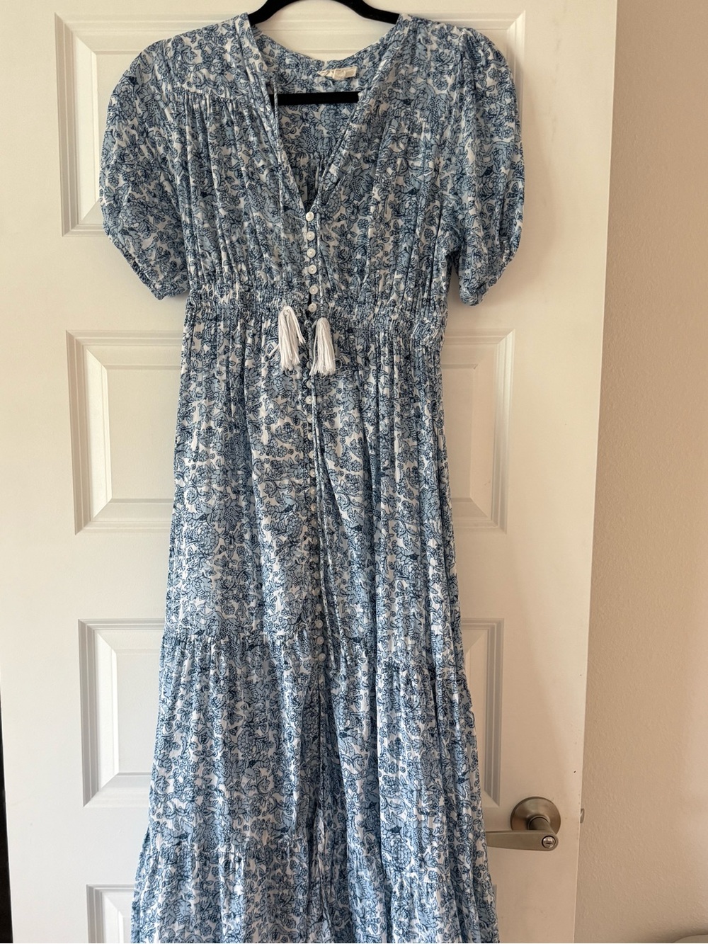 Blue Floral Maxi Dress with Tassel Tie